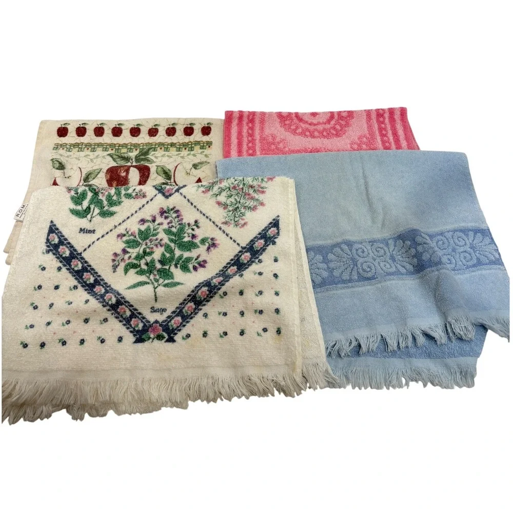 Vintage Cannon Monticello ROM Hand Towel Lot Pink Blue Floral Apple 4pc USA